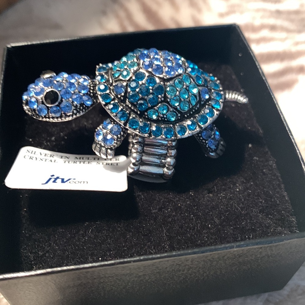 Blue Green Crystal Turtle Statement Ring - Elasti… - image 2